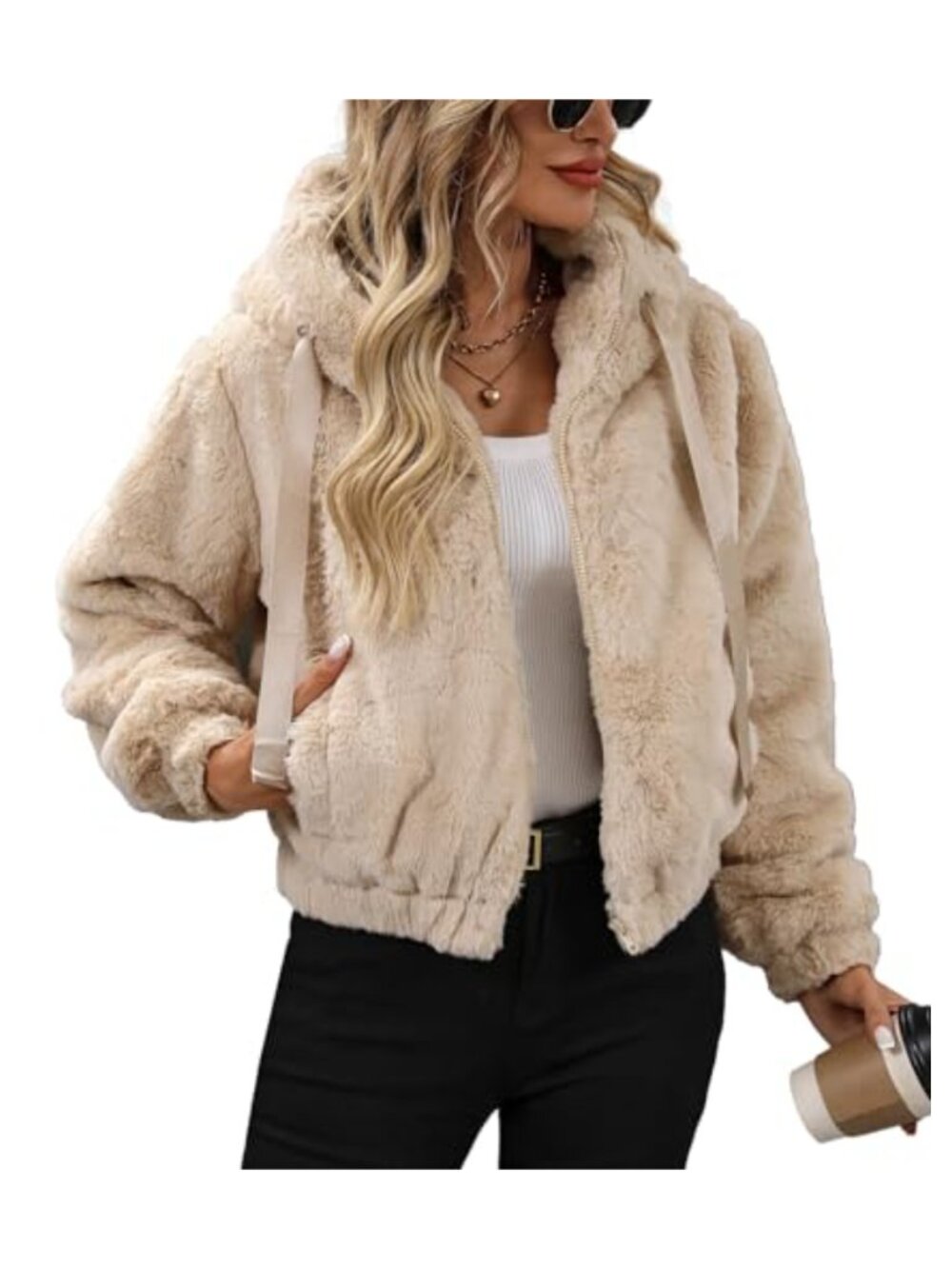 Women's Winter Warm Faux Fur Coat Cropped Fleece Jacket with Hood